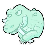 a light teal crocodile's head with a bone in its mouth, his face appears smug