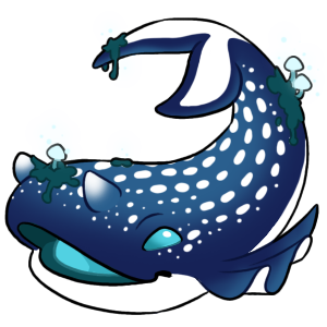 a blue whale-like pet speckled with white and growing moss and mushrooms with a glowing blue mouth